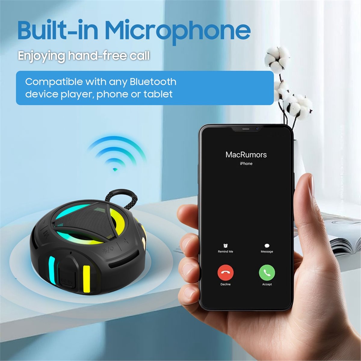 Portable Bluetooth Speaker Waterproof Ipx7 - Işıklı Mini Bluetooth Duş Hoparlörü, IPX7